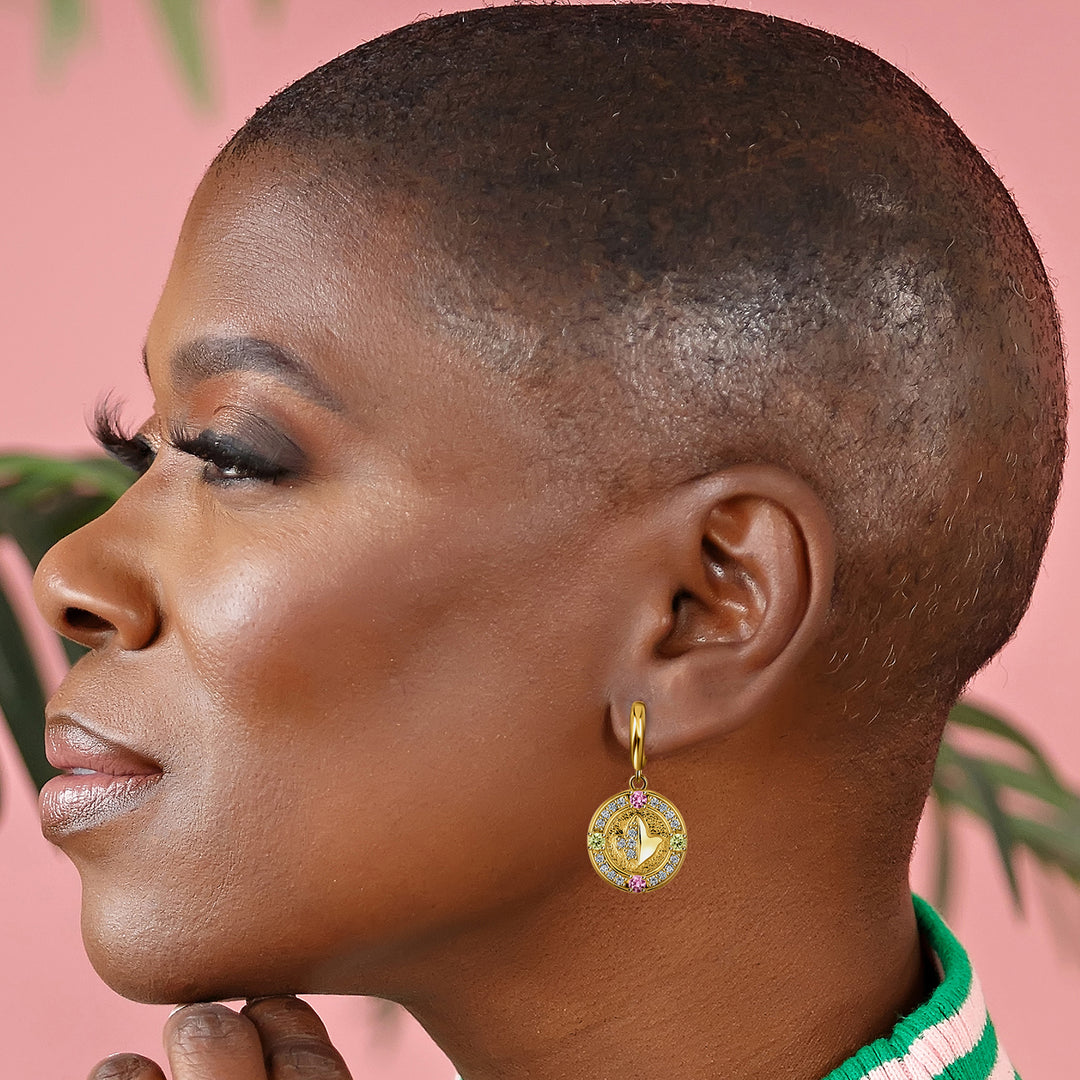 Embossed Ivy/Pink & Green Crystal Earrings-Gold