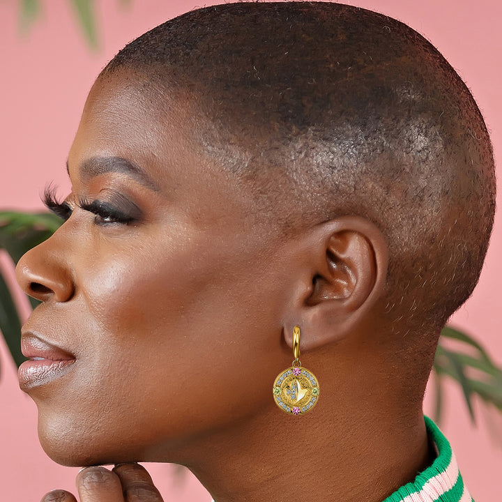 Embossed Ivy/Pink & Green Crystal Earrings-Gold