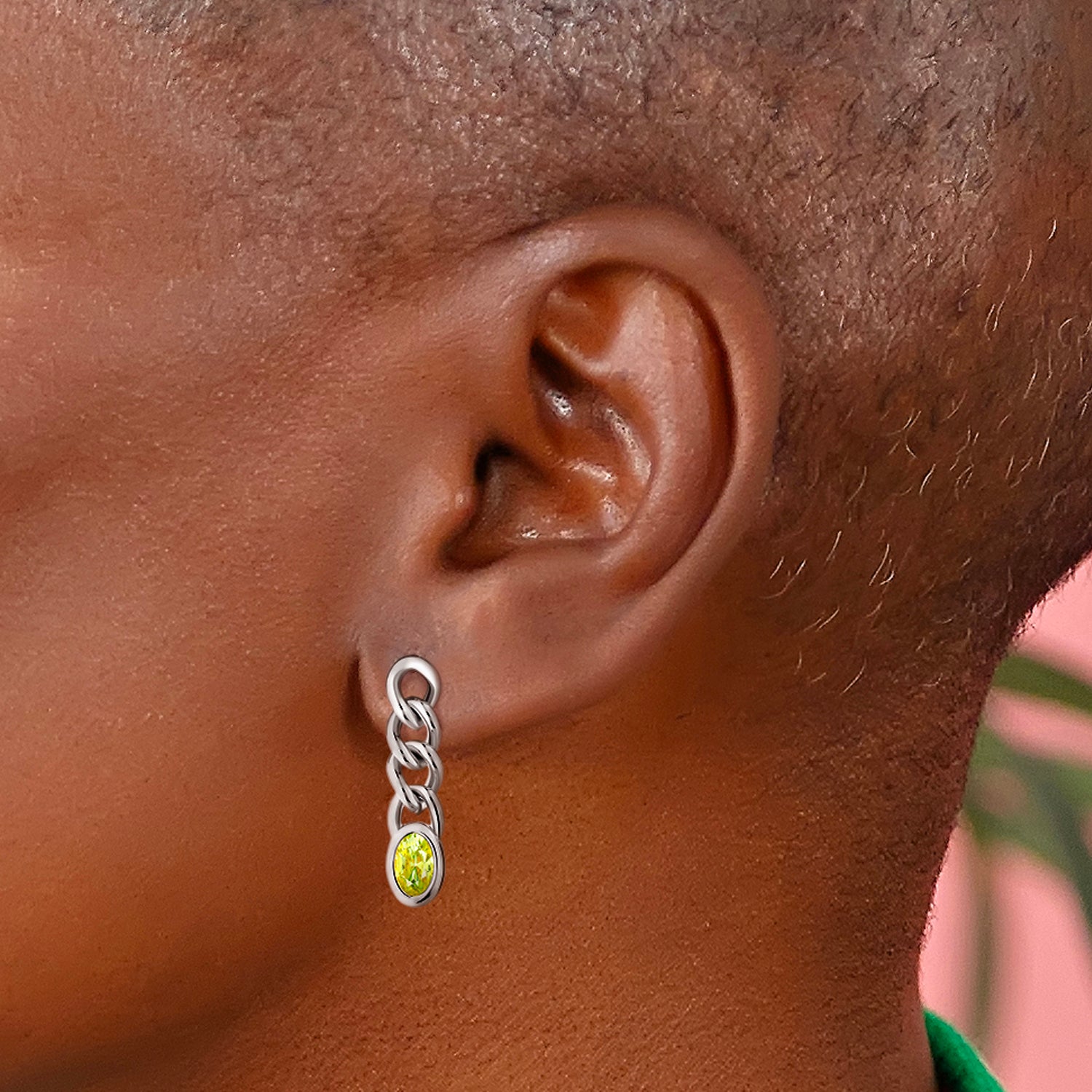 Green Single Crystal Link Earrings-Silver