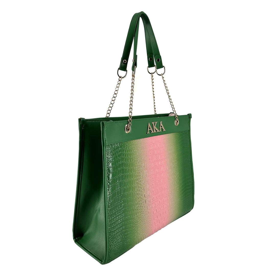 Green Embossed Ombre Croc Chain Tote