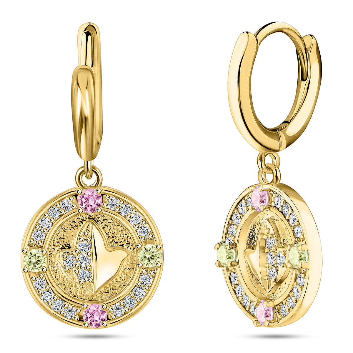 Embossed Ivy/Pink &amp; Green Crystal Earrings-Gold