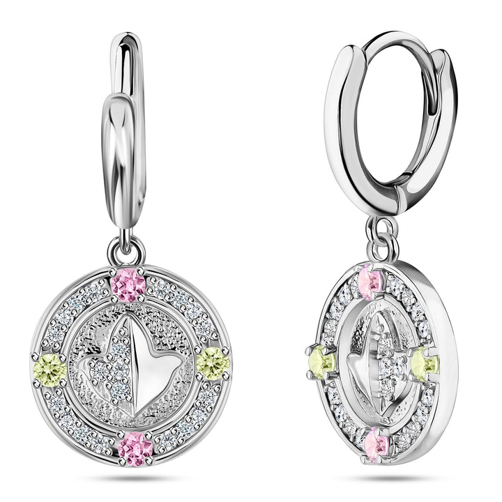 Embossed Ivy/Pink & Green Crystal Earrings-Silver