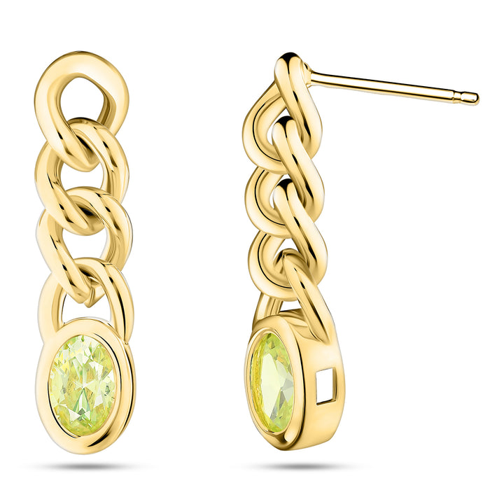 Green Single Crystal Link Earrings-Gold