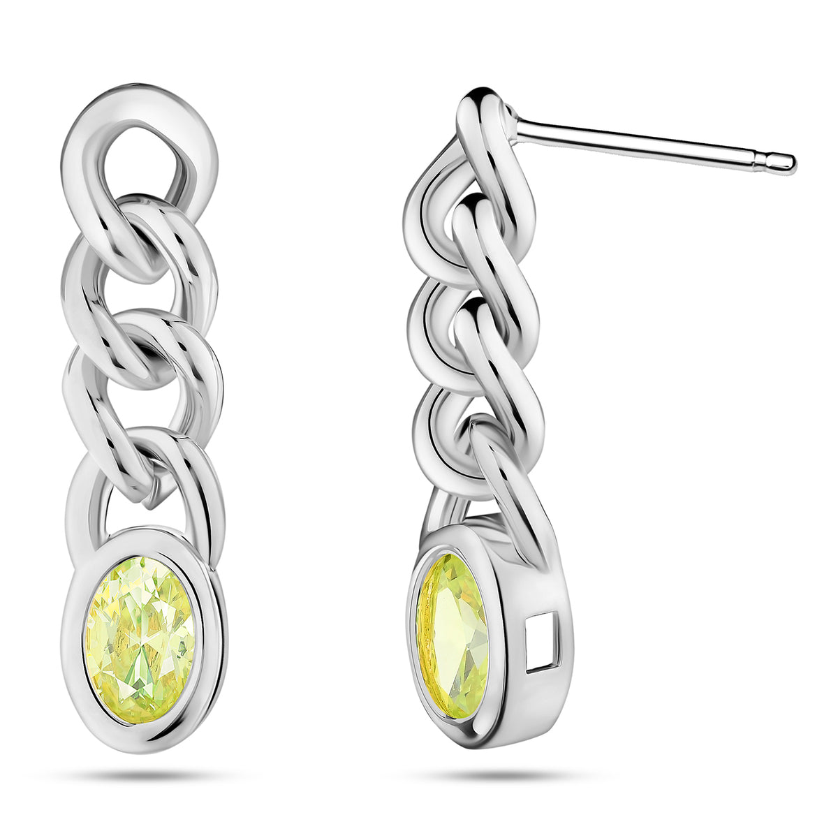 Green Single Crystal Link Earrings-Silver